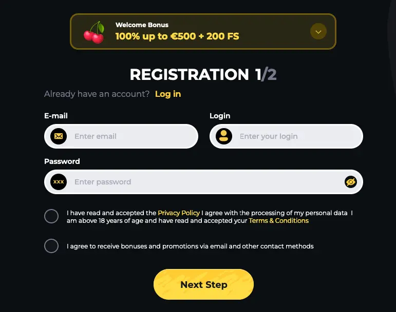 Registration at Boomerang Casino