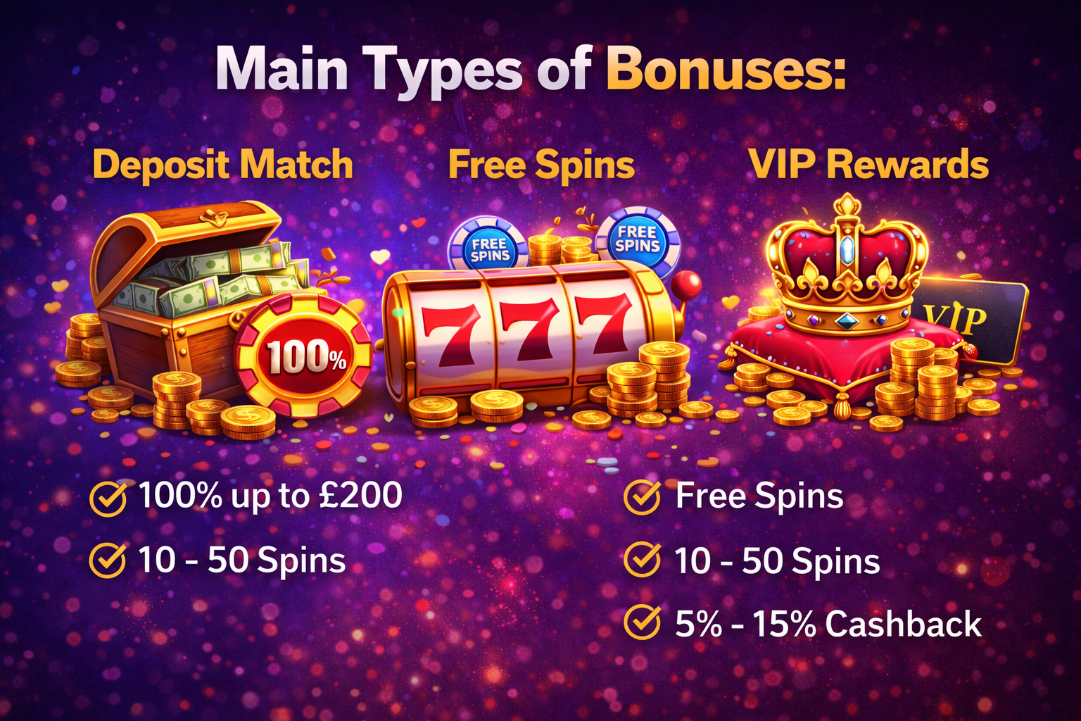 Main Types of Bonuses: Deposit Match, Free Spins, VIP Rewards 2026